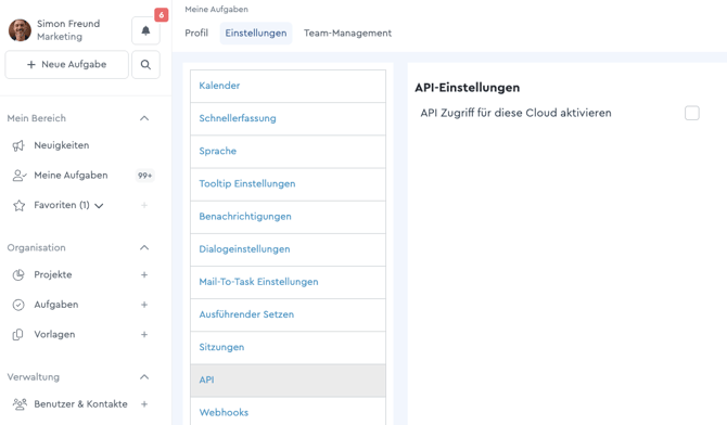 API über Profil aktivieren