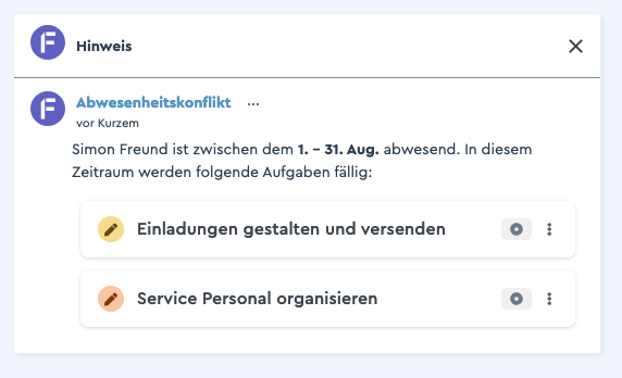 Ein Screenshot von einer Benachrichtigung bei einem Abwesenheitskonflikt