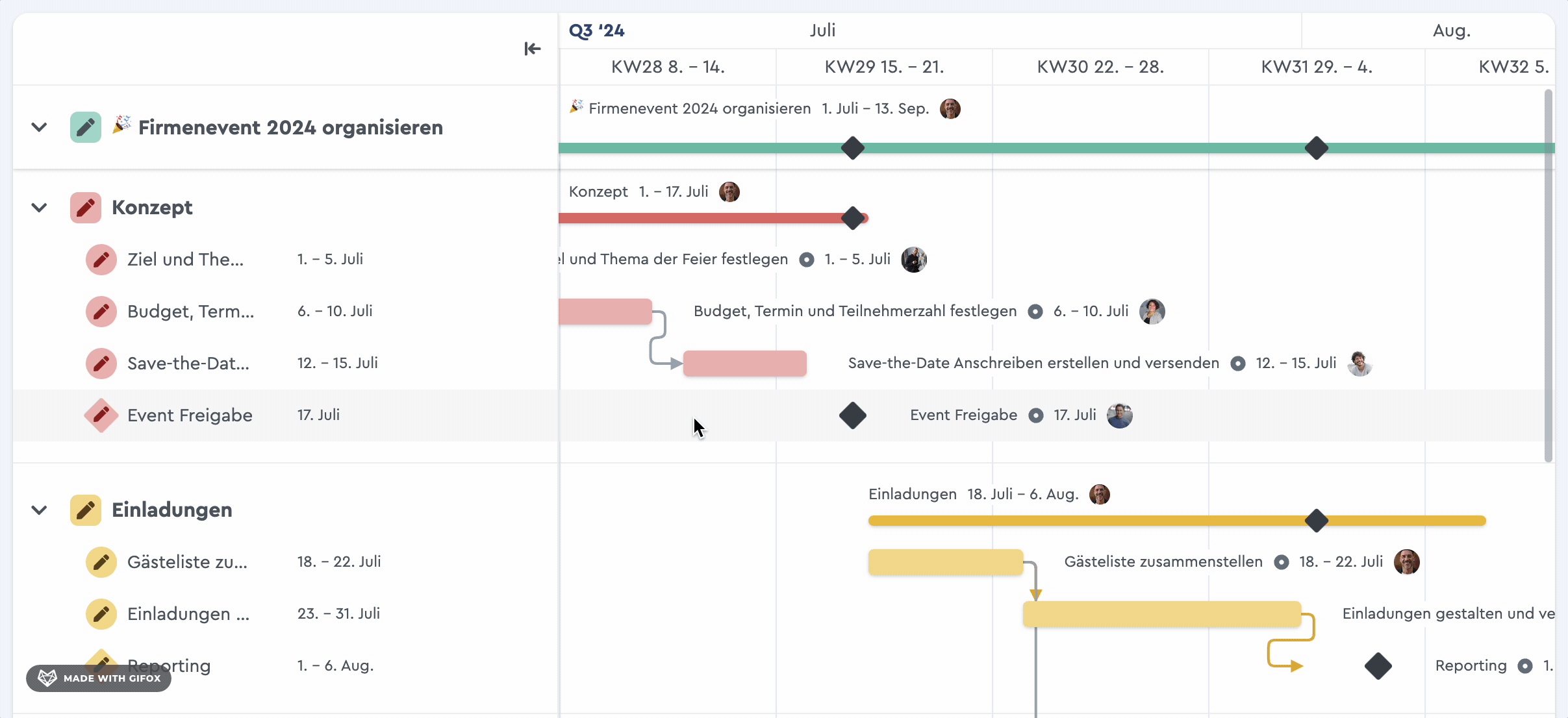Ein Screenvideo, in dem dargestellt wird, wie Aufgaben im Gantt Chart verknüpft werden