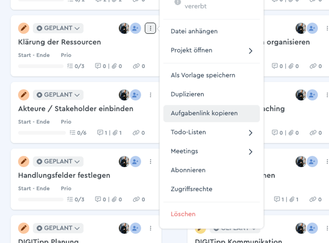 Den Aufgabenlink kopieren