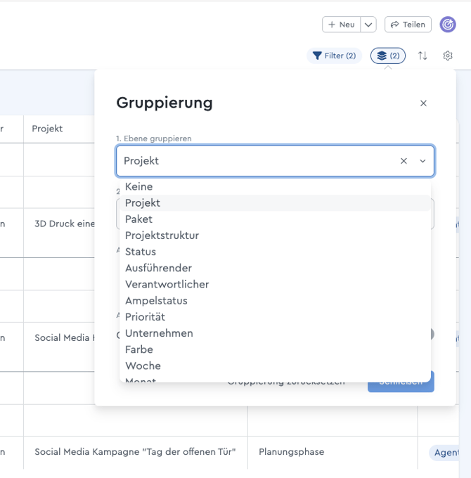 xEin Screenshot der Auswahl für die Gruppierung auswählen