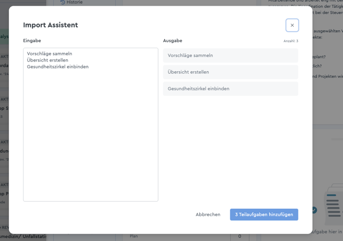 Import Assistent für Teilaufgaben