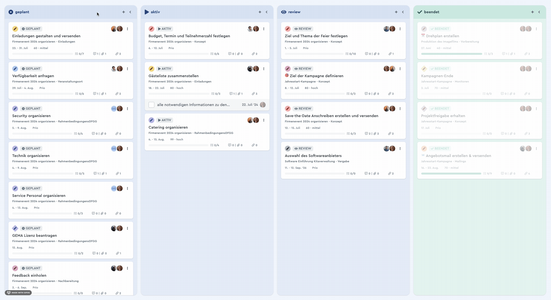 Ein Klick-Video das zeigt, wie die Spalten des Kanban Board ein- und ausgeklappt werden können