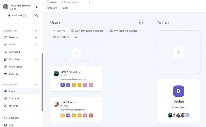 The factro user area with overview of teams and users
