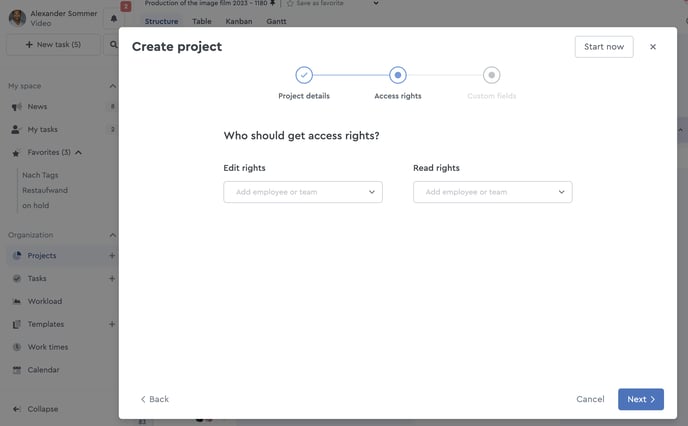 You can assign reading and editing rights directly when creating a new project