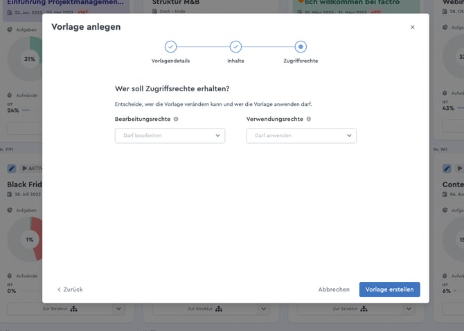 Zugriffsrechte werden für die Vorlage ausgewählt