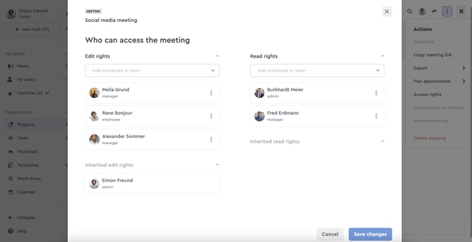 Set access rights for your meeting