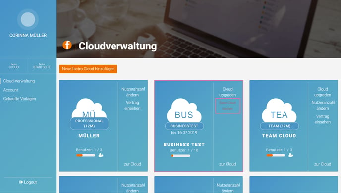 factro Cloud in der Cloudverwaltung zur Löschung auswählen und auf "Basic Cloud löschen" klicken