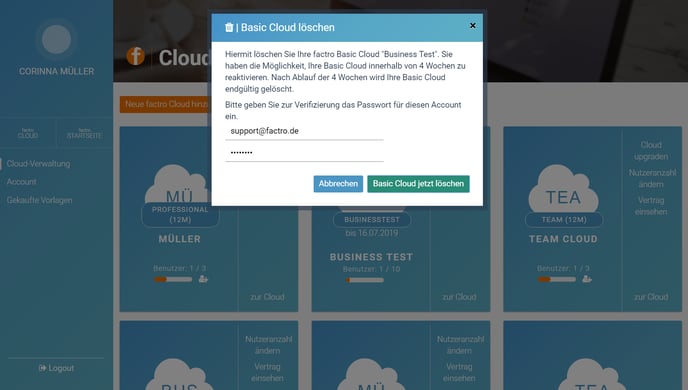 factro Cloud Sicherheitsabfrage durch Mail-Adresse und Passwort, um eine Cloudlöschung zu bestätigen