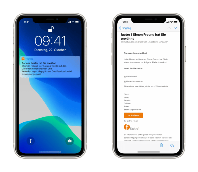 Zwei Smartphones, die die Push- und E-Mail-Benachrichtigungen von factro zeigen