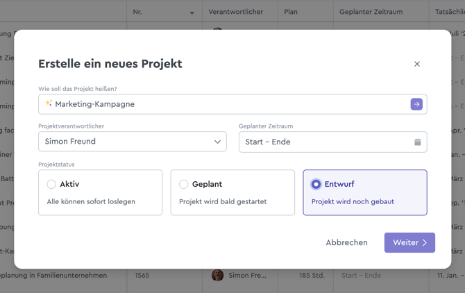 Projekt im Entwurf planen