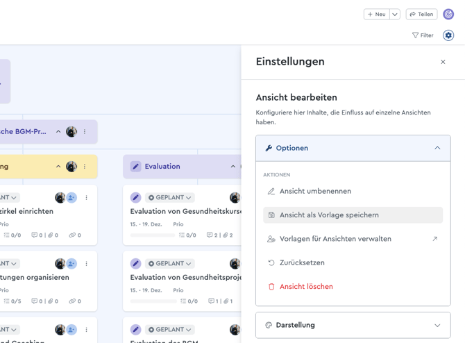 Eine Ansicht im Projektraum als Vorlage speichern