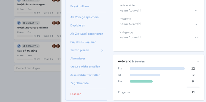 Ein Screenshot von den Aufwänden eines Projekts in factro