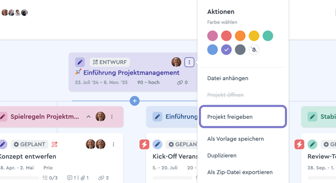 Projekte aus dem Entwurf freigeben