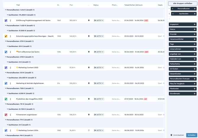 Die Projektkosten werden gruppiert
