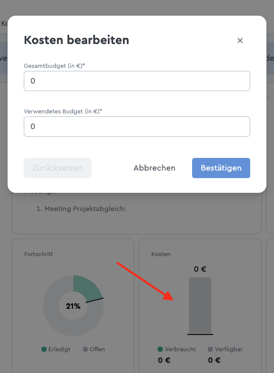 Projektkosten im Projektstatusbericht manuell eintragen