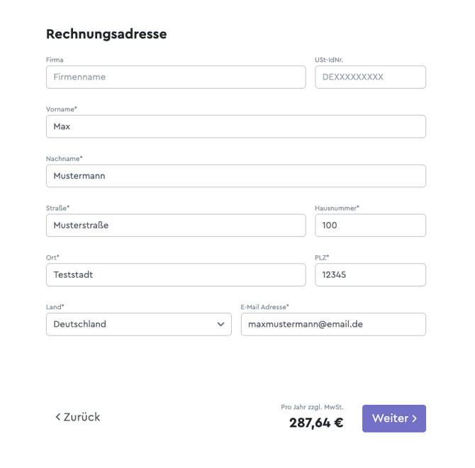 Ein Screenshot der Maske, in der Du Deine Adresse eingibst