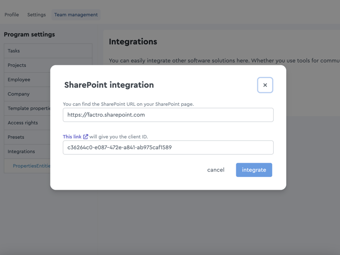 A screenshot of the SharePoint Integration