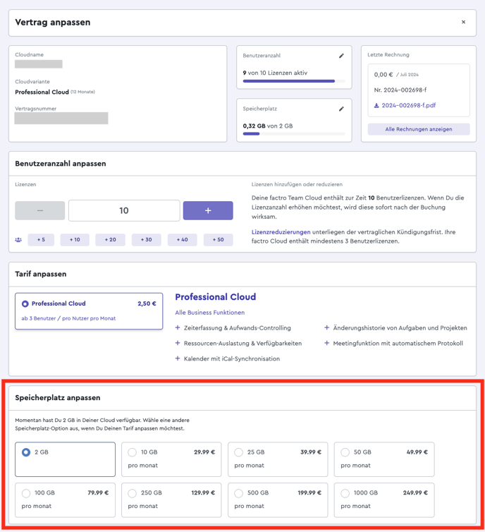 A screenshot of the contract details in the cloud management