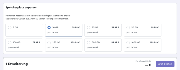 Ein Screenshot der zeigt, wie Du Speicherplatz buchen kannst