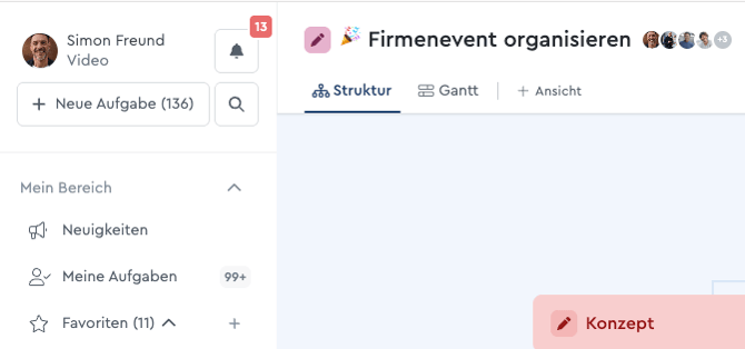 Ein neues Projekt startest Du mit den beiden Ansichten Struktur und Gantt