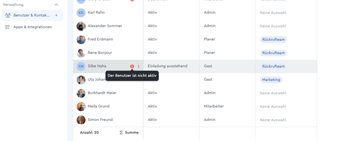 Tabelle Benutzerübersicht 