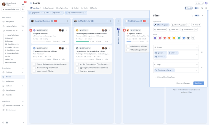 Ein Screenshot des Teamboards in Verwendung mit Tags