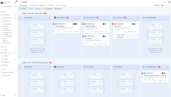 Ein Screenshot, der zeigt wie Aufgaben im Teamboard umverteilt werden können