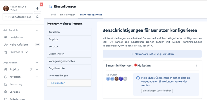 Voreinstellung Benachrichtigungen