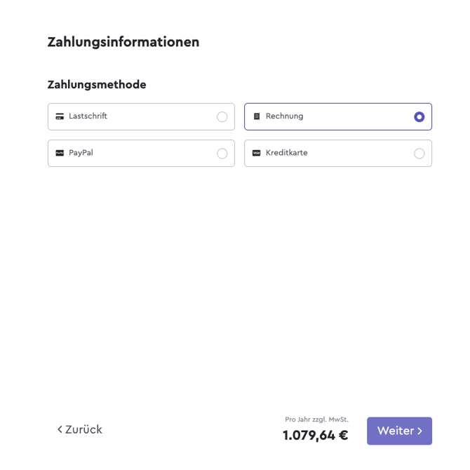 Eine Maske mit der Auswahl einer Zahlungsinformation