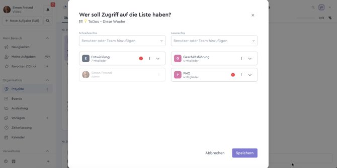 Ein Screenshot des Zugriffsrechtemodals in der Liste