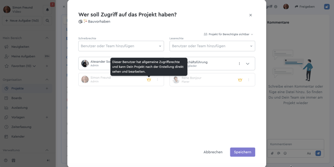 Ein Screenshot des Zugriffsrechtemodals im Projekt
