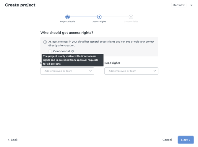 A screenshot of access rights during the project creation