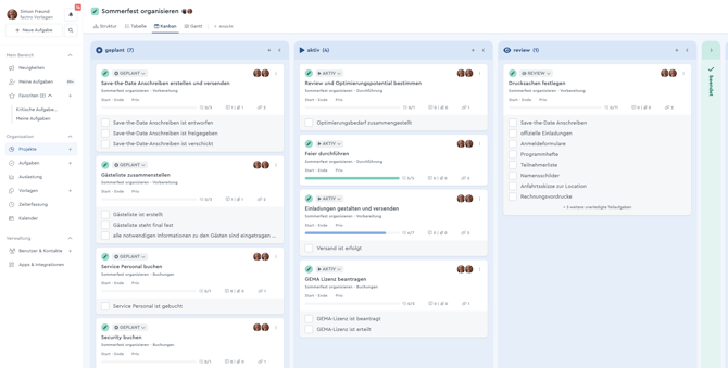 Ein Screenshot vom Kanban Bord in factro
