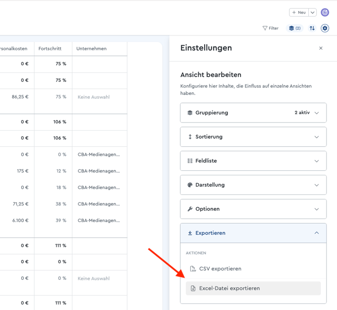 factro Tabellenansicht als Excel exportieren