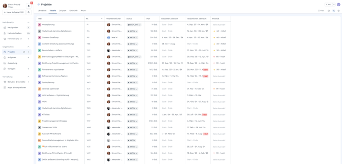 Ein Screenshot der projektbezogene Tabelle in factro