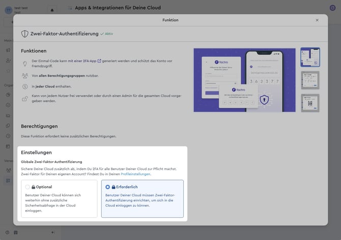 Die 2FA optional oder erforderlich einrichten