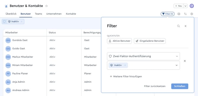 Über den Filter nach einer inaktiven 2FA filtern